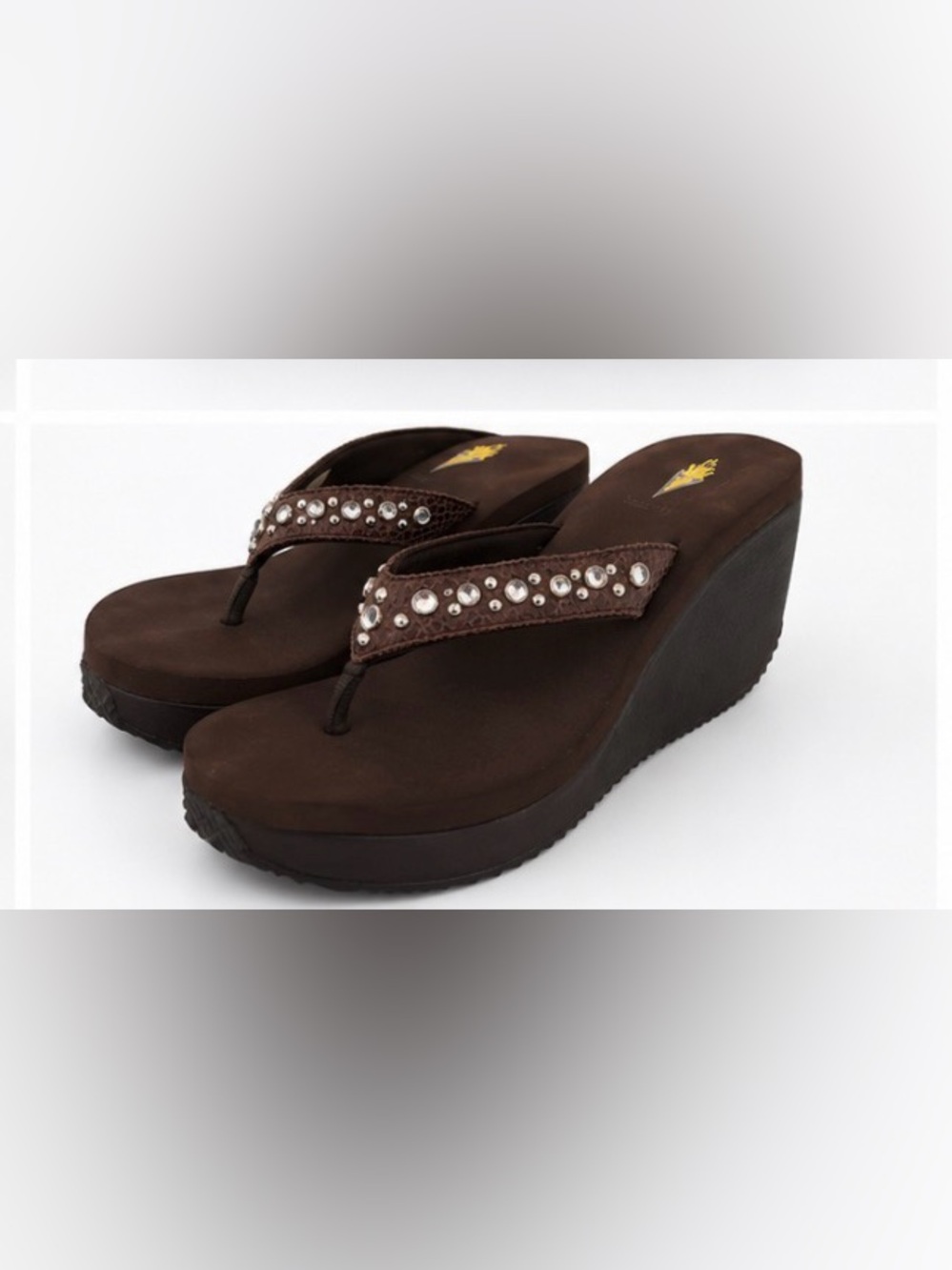 Volatile Brown Wedge Thong Sandals with Crystal Accents
